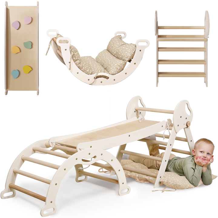 4-in-1 Pikler Triangle Set for Toddlers: Climbing Triangle + Arch Rocker + Slide Board + Cushion – Ivory (Ages 1–3)