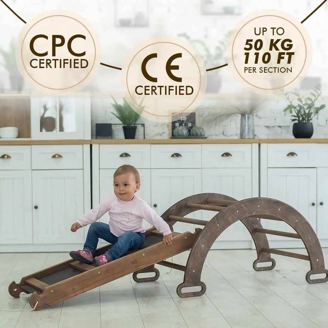 3in1 Montessori PlaySet for Toddlers: Arch + Slide + Cushion - Chocolate - Goodevas