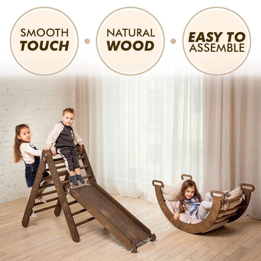 3in1 Montessori PlaySet for Toddlers: Arch + Slide + Cushion - Chocolate - Goodevas