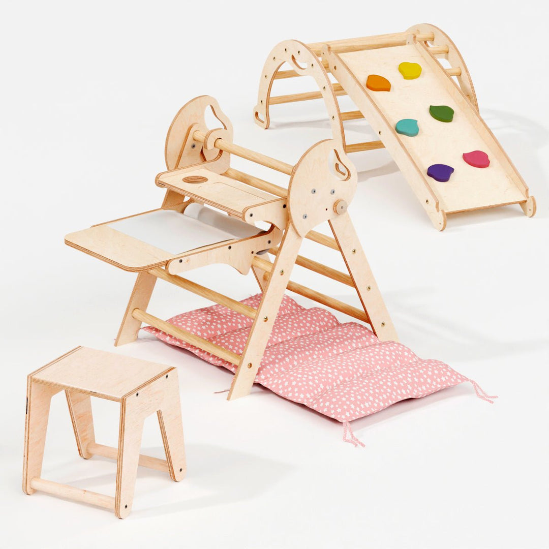 4in1 Montessori Climbing Set: Pikler Triangle, Arch, Slide Board, and Cushion for Toddlers (1–3 Years) - Goodevas