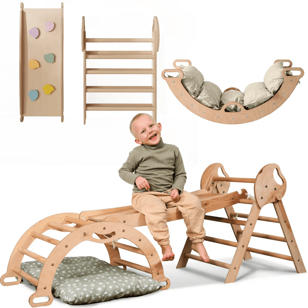 4in1 Montessori Climbing Set: Pikler Triangle, Arch, Slide Board, and Cushion for Toddlers (1–3 Years) - Goodevas