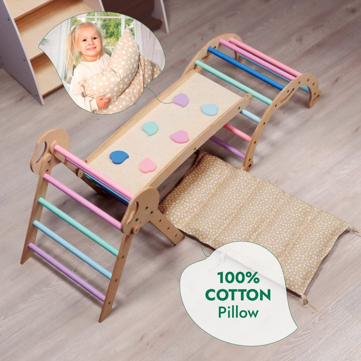 4in1 Montessori Climbing Set: Pikler Triangle, Arch, Slide Board, and Cushion for Toddlers (1–3 Years) - Pastel - Goodevas