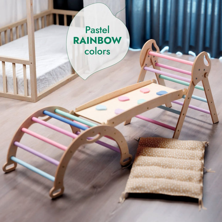 4in1 Montessori Climbing Set: Pikler Triangle, Arch, Slide Board, and Cushion for Toddlers (1–3 Years) - Pastel - Goodevas