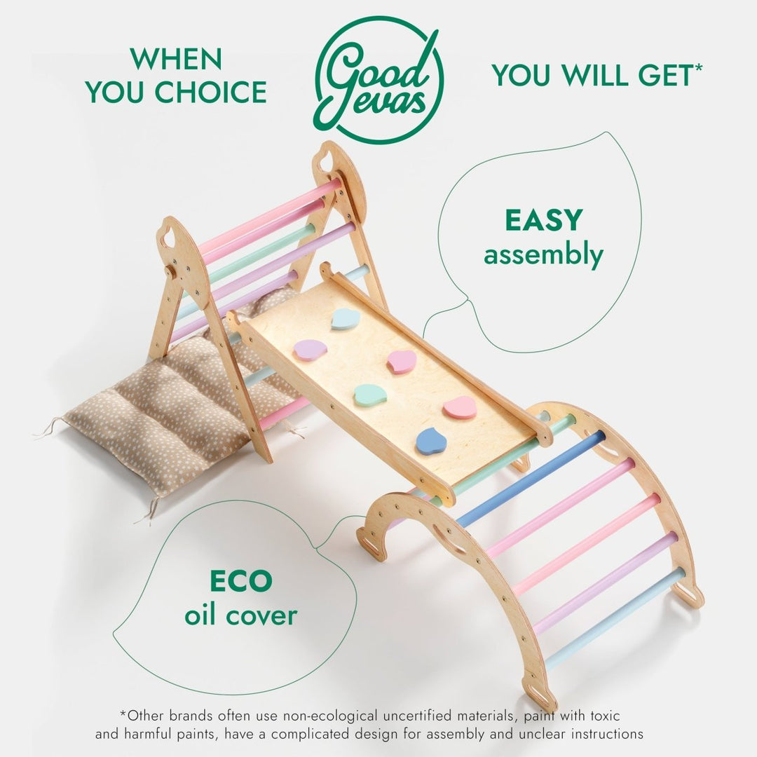 4in1 Montessori Climbing Set: Pikler Triangle, Arch, Slide Board, and Cushion for Toddlers (1–3 Years) - Pastel - Goodevas