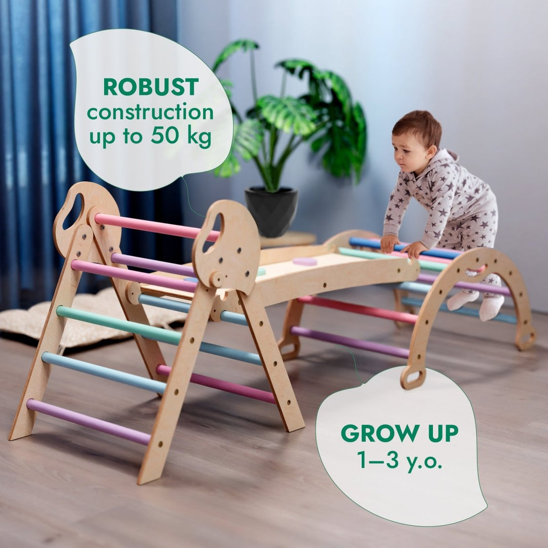 4in1 Montessori Climbing Set: Pikler Triangle, Arch, Slide Board, and Cushion for Toddlers (1–3 Years) - Pastel - Goodevas