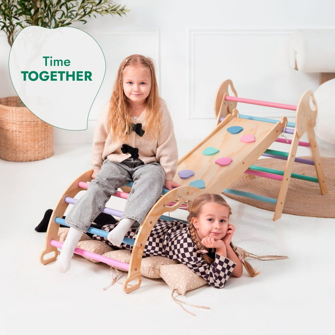 4in1 Montessori Climbing Set: Pikler Triangle, Arch, Slide Board, and Cushion for Toddlers (1–3 Years) - Pastel - Goodevas
