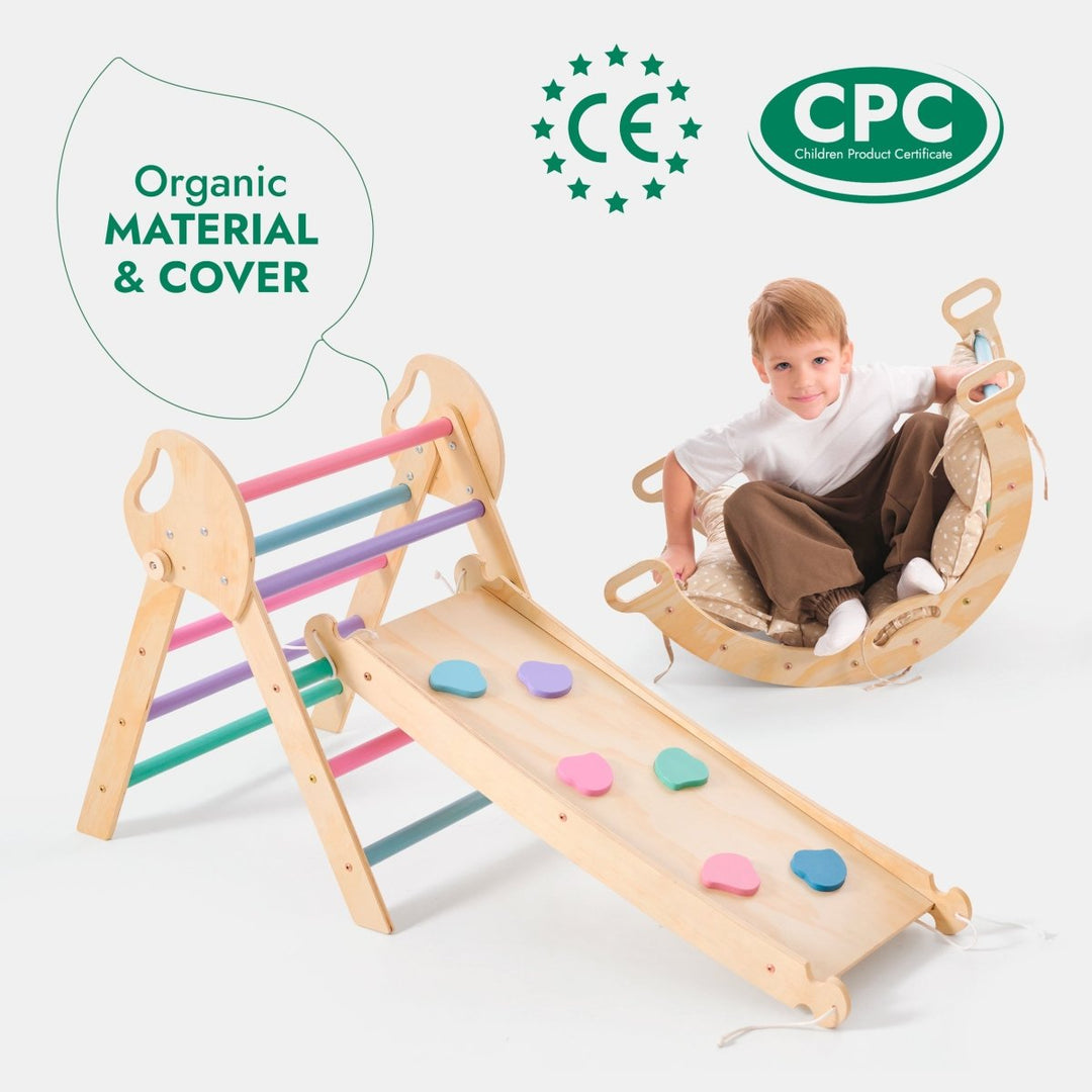 4in1 Montessori Climbing Set: Pikler Triangle, Arch, Slide Board, and Cushion for Toddlers (1–3 Years) - Pastel - Goodevas