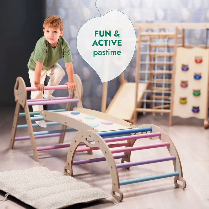 4in1 Montessori Climbing Set: Pikler Triangle, Arch, Slide Board, and Cushion for Toddlers (1–3 Years) - Pastel - Goodevas