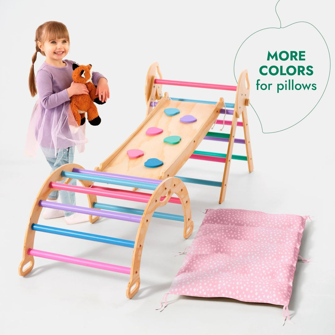 4in1 Montessori Climbing Set: Pikler Triangle, Arch, Slide Board, and Cushion for Toddlers (1–3 Years) - Pastel - Goodevas