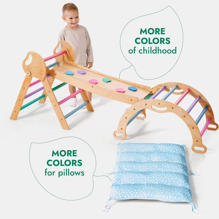 4in1 Montessori Climbing Set: Pikler Triangle, Arch, Slide Board, and Cushion for Toddlers (1–3 Years) - Pastel - Goodevas