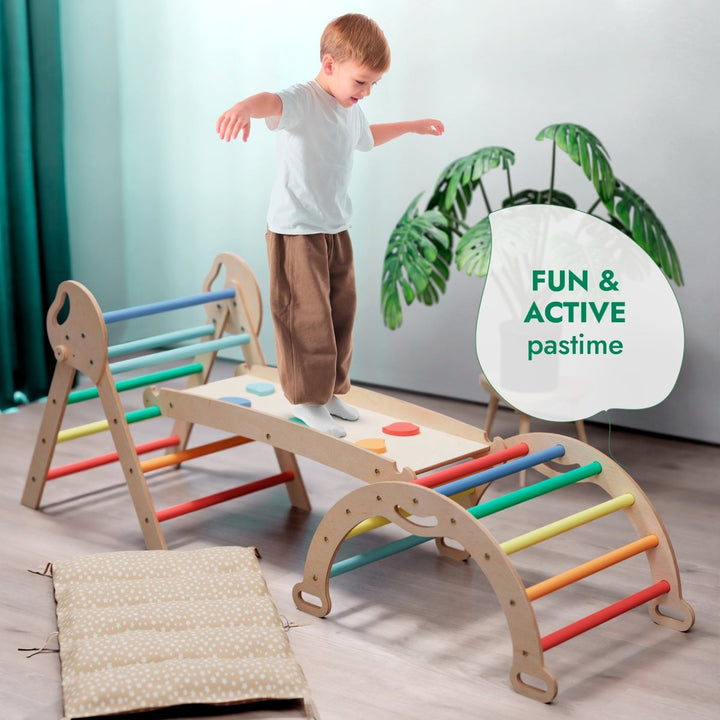 4in1 Montessori Climbing Set: Pikler Triangle, Arch, Slide Board, and Cushion for Toddlers (1–3 Years) - Rainbow - Goodevas