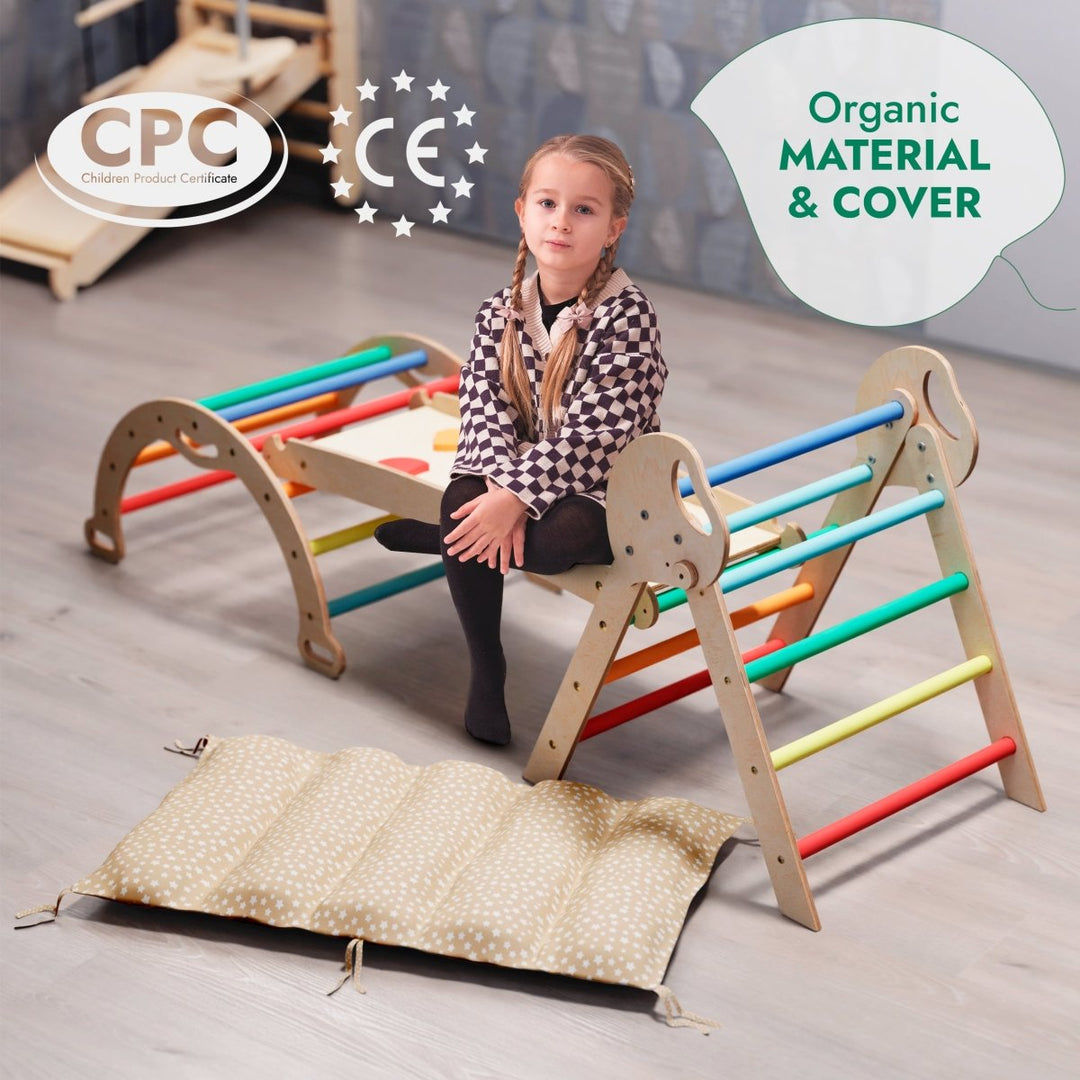 4in1 Montessori Climbing Set: Pikler Triangle, Arch, Slide Board, and Cushion for Toddlers (1–3 Years) - Rainbow - Goodevas