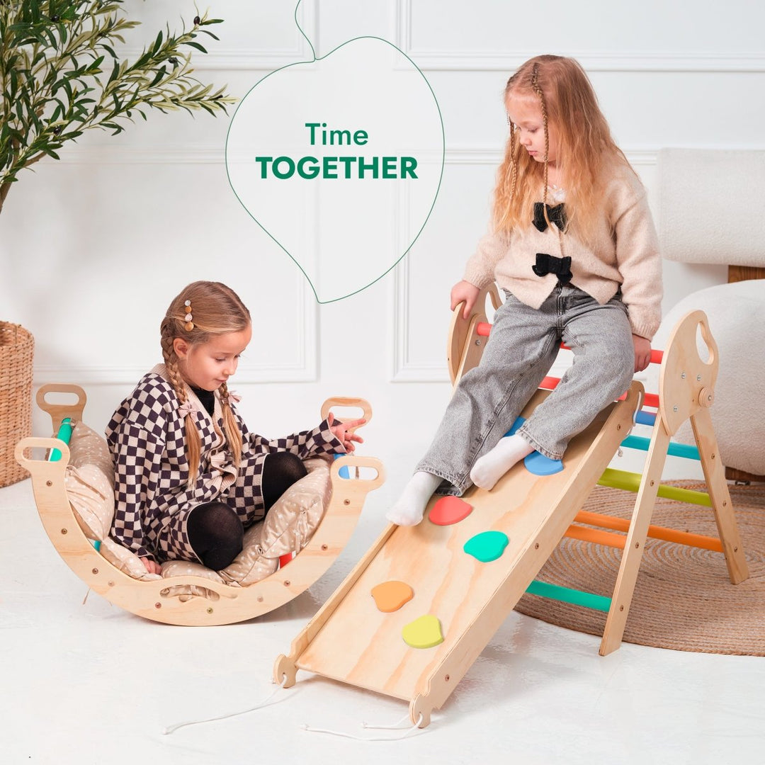 4in1 Montessori Climbing Set: Pikler Triangle, Arch, Slide Board, and Cushion for Toddlers (1–3 Years) - Rainbow - Goodevas