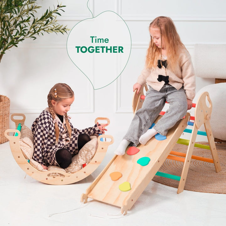 4in1 Montessori Climbing Set: Pikler Triangle, Arch, Slide Board, and Cushion for Toddlers (1–3 Years) - Rainbow - Goodevas