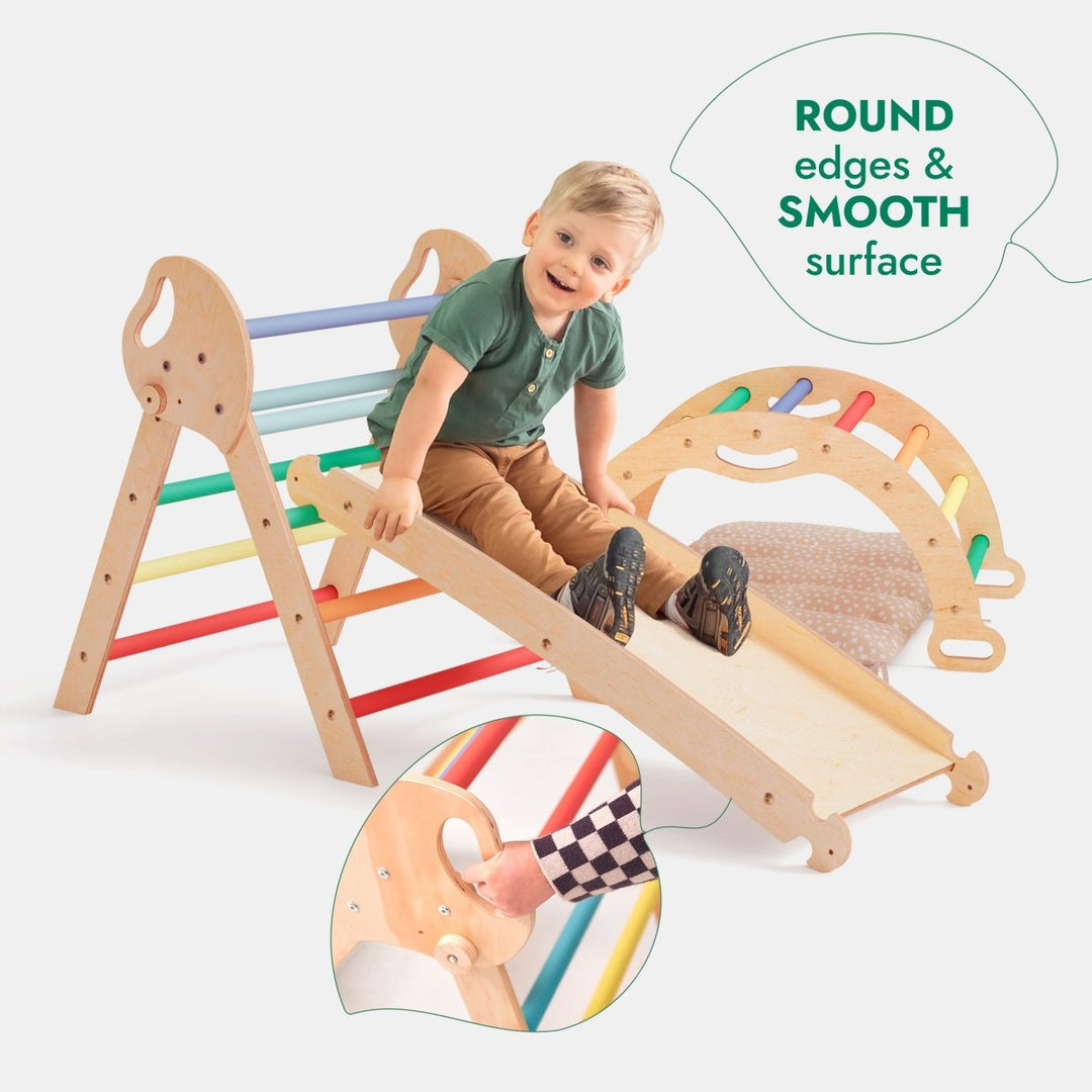4in1 Montessori Climbing Set: Pikler Triangle, Arch, Slide Board, and Cushion for Toddlers (1–3 Years) - Rainbow - Goodevas