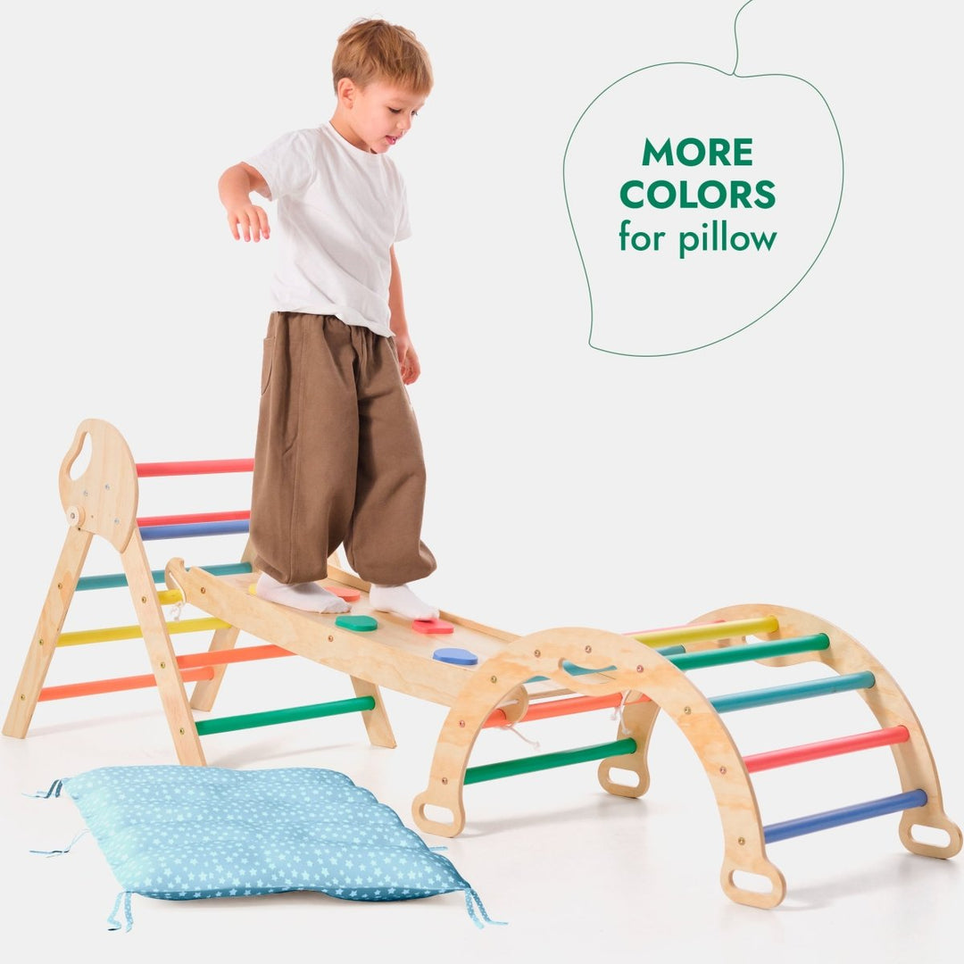 4in1 Montessori Climbing Set: Pikler Triangle, Arch, Slide Board, and Cushion for Toddlers (1–3 Years) - Rainbow - Goodevas