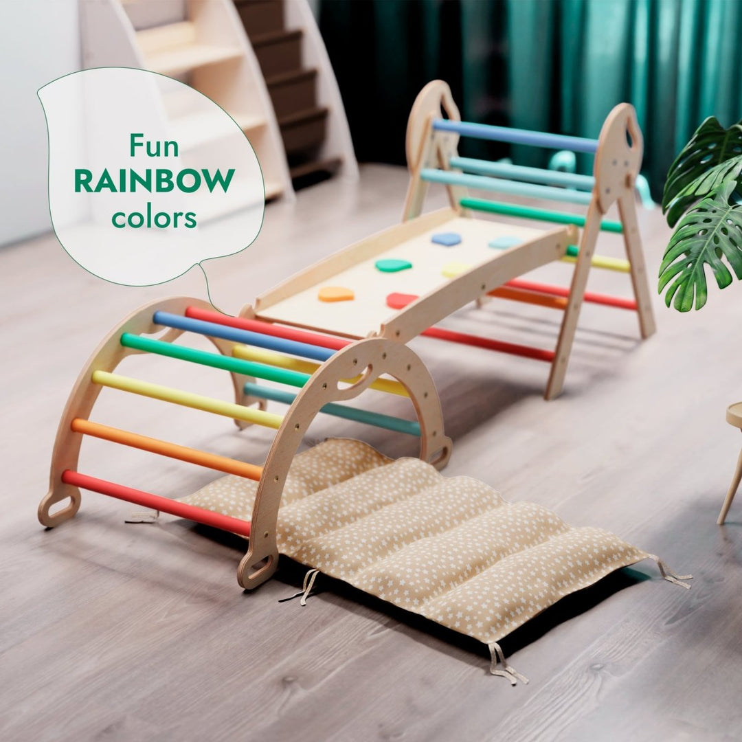 4in1 Montessori Climbing Set: Pikler Triangle, Arch, Slide Board, and Cushion for Toddlers (1–3 Years) - Rainbow - Goodevas