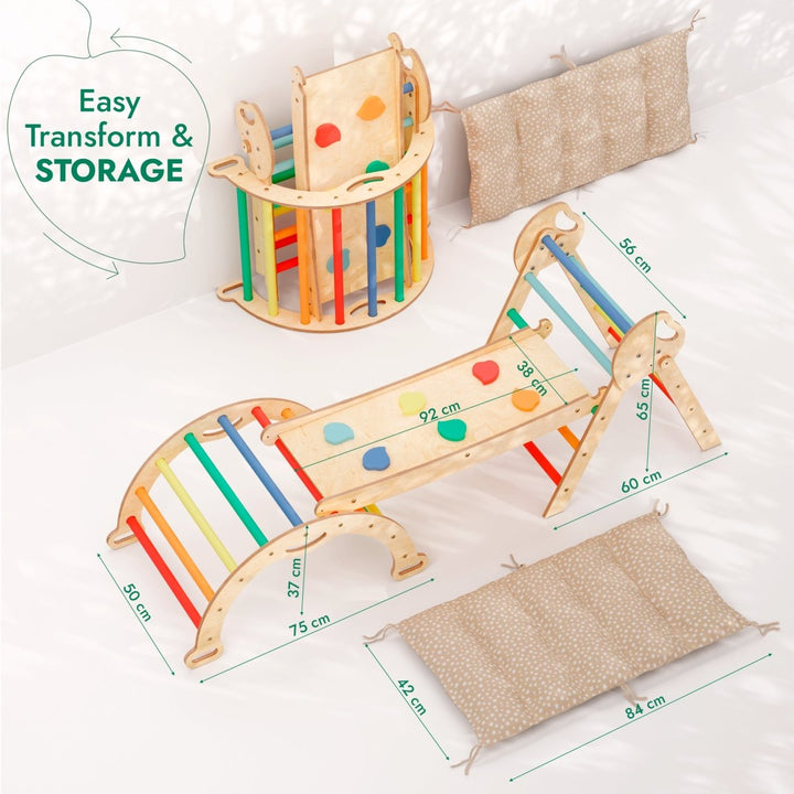 4in1 Montessori Climbing Set: Pikler Triangle, Arch, Slide Board, and Cushion for Toddlers (1–3 Years) - Rainbow - Goodevas