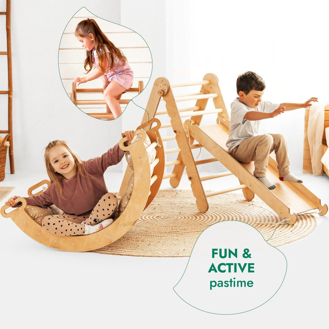 4in1 Montessori Climbing Set: Triangle Ladder + Climbing Arch + Slide Board & Cushion – Beige - Goodevas