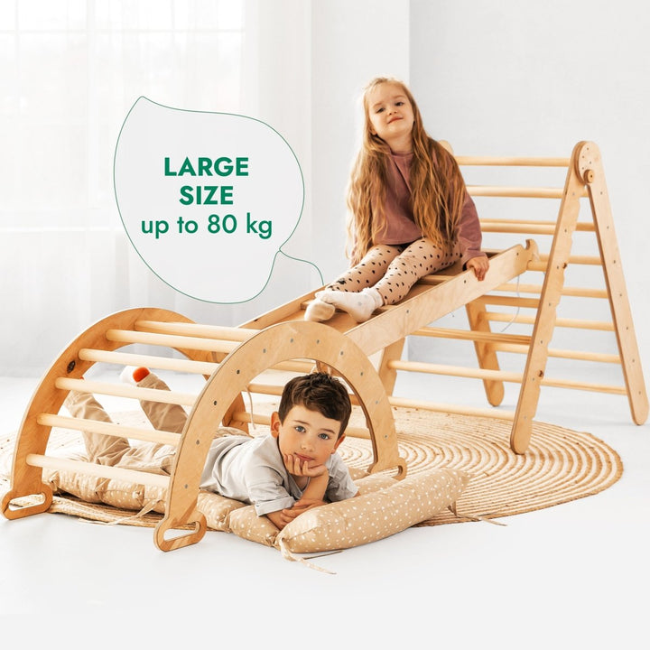 4in1 Montessori Climbing Set: Triangle Ladder + Climbing Arch + Slide Board & Cushion – Beige - Goodevas