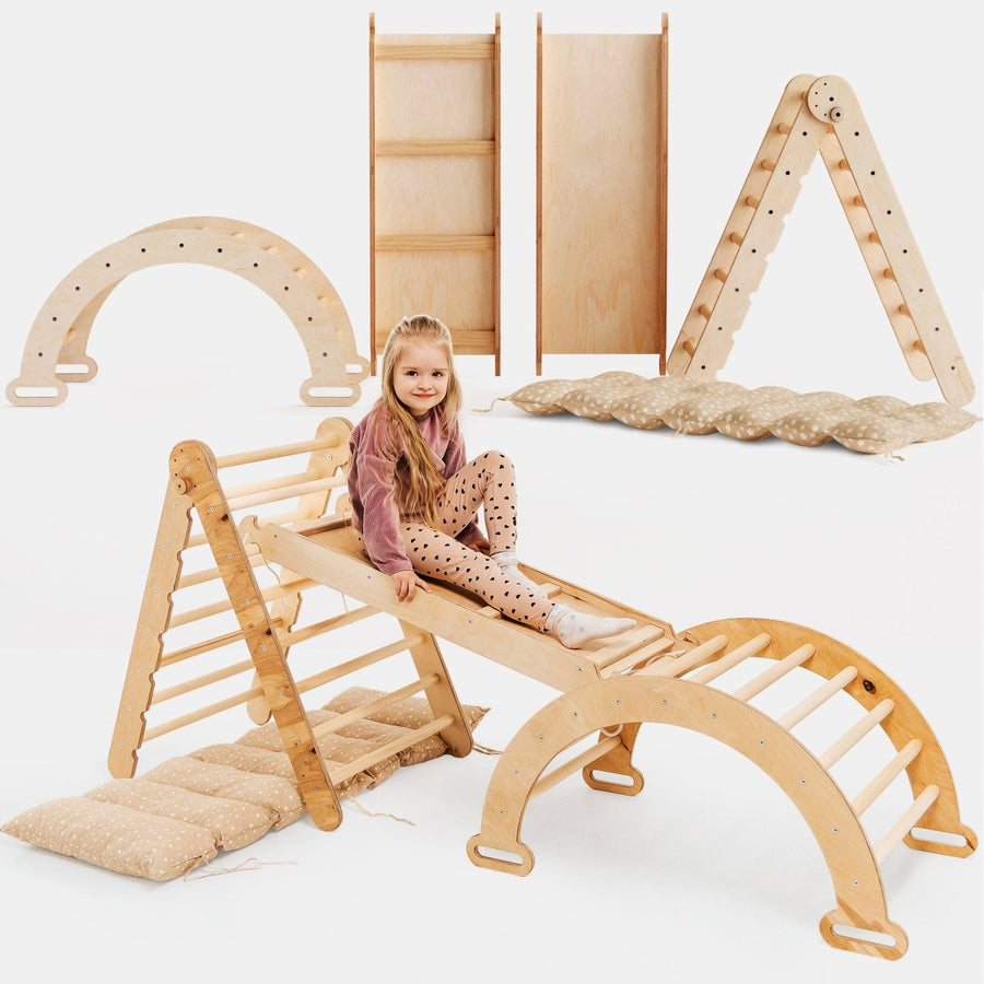 4in1 Montessori Climbing Set: Triangle Ladder + Climbing Arch + Slide Board & Cushion – Beige - Goodevas