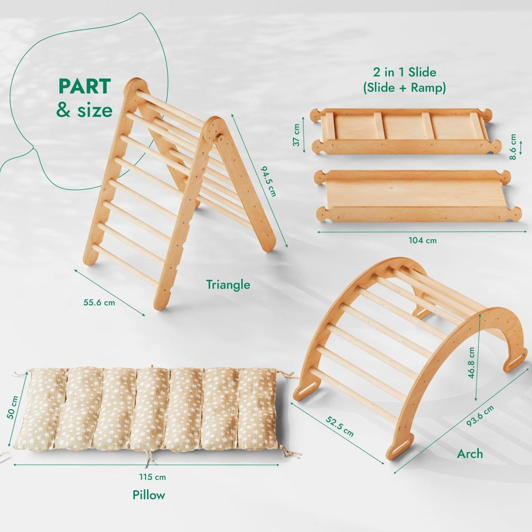 4in1 Montessori Climbing Set: Triangle Ladder + Climbing Arch + Slide Board & Cushion – Beige - Goodevas