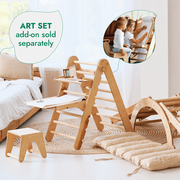 4in1 Montessori Climbing Set: Triangle Ladder + Climbing Arch + Slide Board + Net – Beige - Goodevas