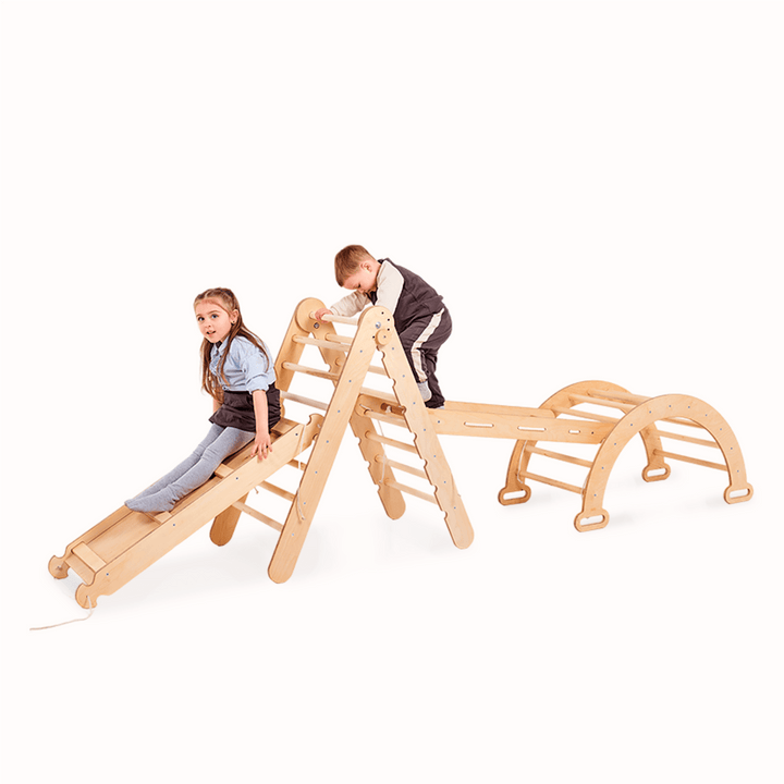 4in1 Montessori Climbing Set: Triangle Ladder + Climbing Arch + Slide Board + Net – Beige - Goodevas