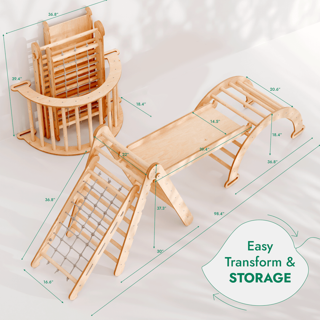4in1 Montessori Climbing Set: Triangle Ladder + Climbing Arch + Slide Board + Net – Beige - Goodevas