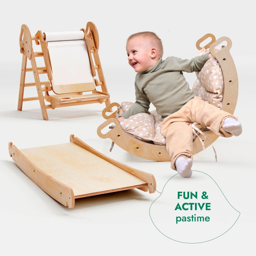 5in1 Montessori Climbing Set: Pikler Triangle, Arch, Slide Board, Art Addition and Cushion for Toddlers (1–3 Years) - Goodevas