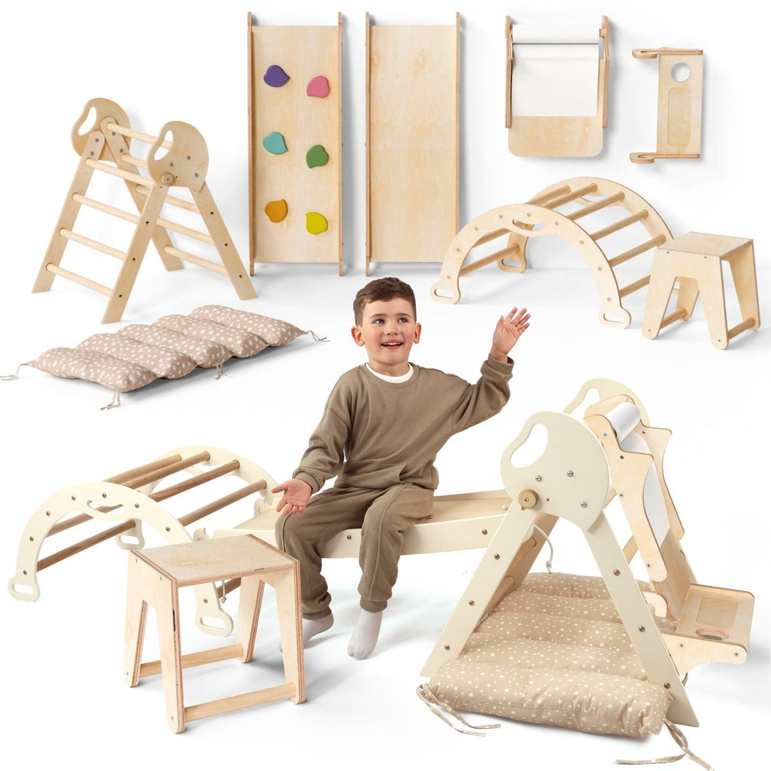 5in1 Montessori Climbing Set: Pikler Triangle, Arch, Slide Board, Art Addition and Cushion for Toddlers (1–3 Years) - Goodevas