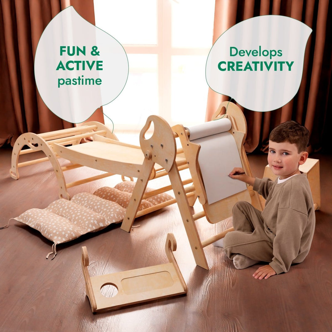 5in1 Montessori Climbing Set: Pikler Triangle, Arch, Slide Board, Art Addition and Cushion for Toddlers (1–3 Years) - Goodevas
