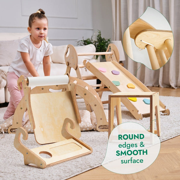 5in1 Montessori Climbing Set: Pikler Triangle, Arch, Slide Board, Art Addition and Cushion for Toddlers (1–3 Years) - Goodevas