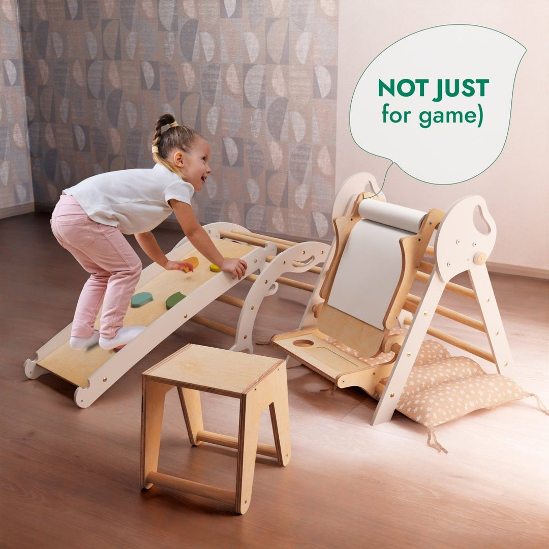 5in1 Montessori Climbing Set: Pikler Triangle, Arch, Slide Board, Art Addition and Cushion for Toddlers (1–3 Years) - Goodevas