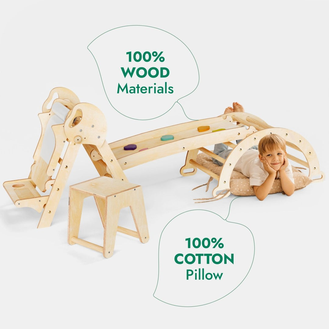 5in1 Montessori Climbing Set: Pikler Triangle, Arch, Slide Board, Art Addition and Cushion for Toddlers (1–3 Years) - Goodevas
