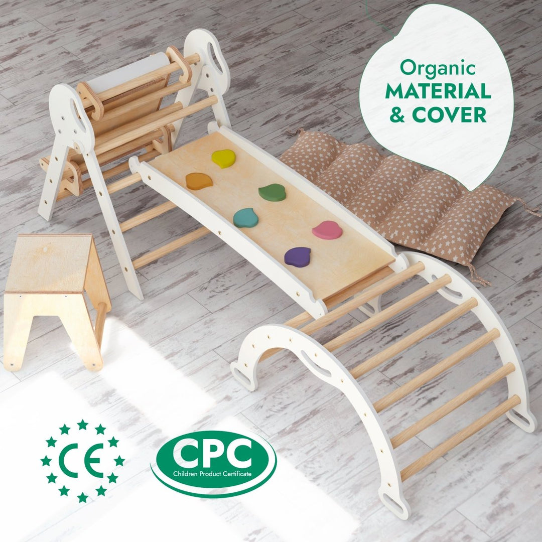 5in1 Montessori Climbing Set: Pikler Triangle, Arch, Slide Board, Art Addition and Cushion for Toddlers (1–3 Years) - Goodevas