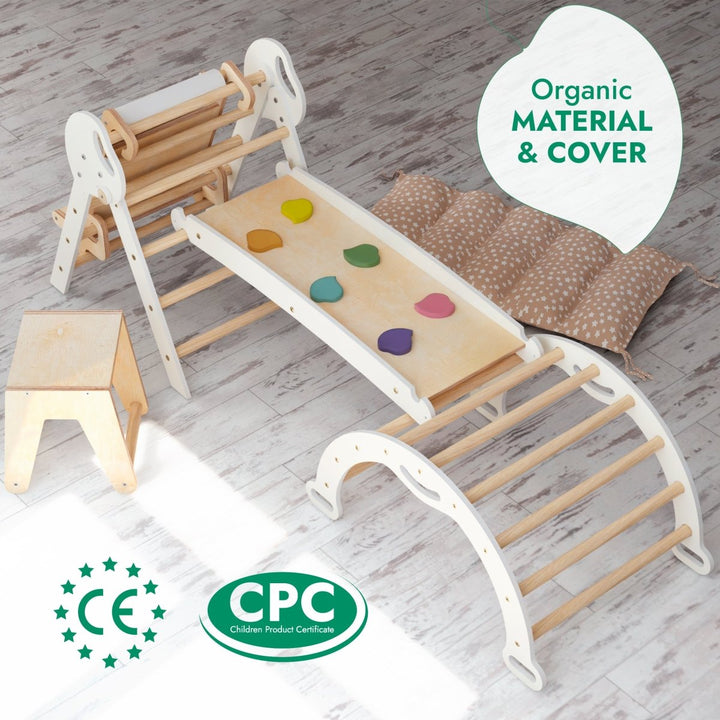 5in1 Montessori Climbing Set: Pikler Triangle, Arch, Slide Board, Art Addition and Cushion for Toddlers (1–3 Years) - Goodevas