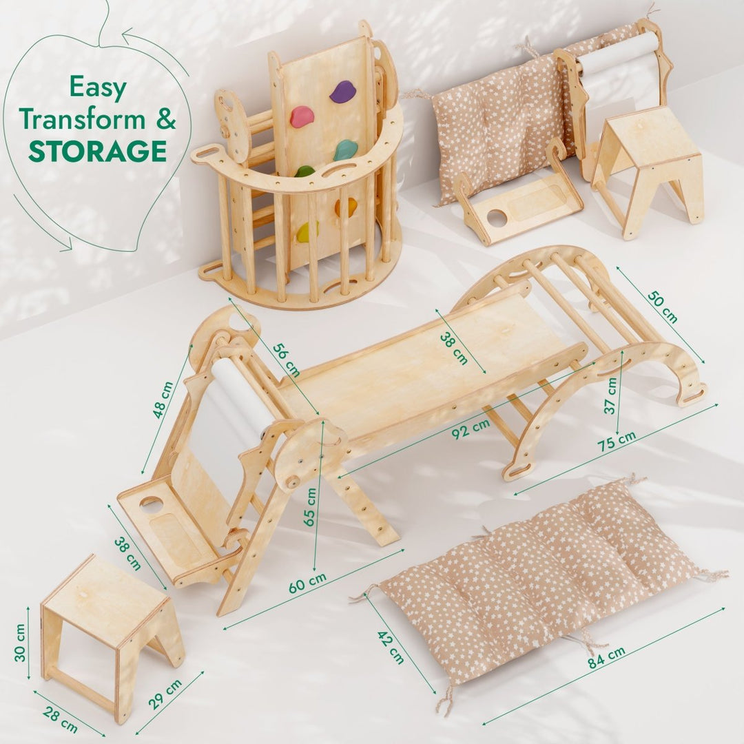 5in1 Montessori Climbing Set: Pikler Triangle, Arch, Slide Board, Art Addition and Cushion for Toddlers (1–3 Years) - Goodevas