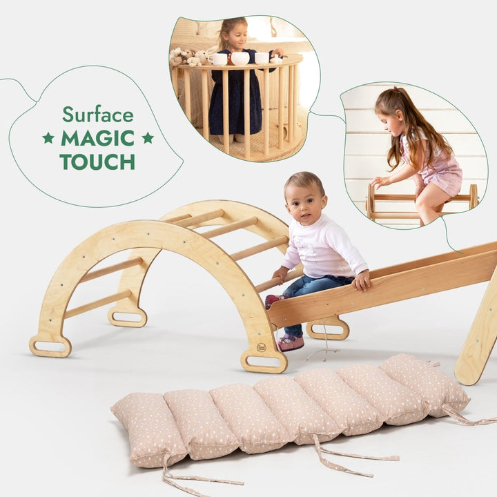 5in1 Montessori Climbing Set: Triangle Ladder + Arch/Rocker + Slide Board/Ramp + Netting rope + Cushion - Goodevas