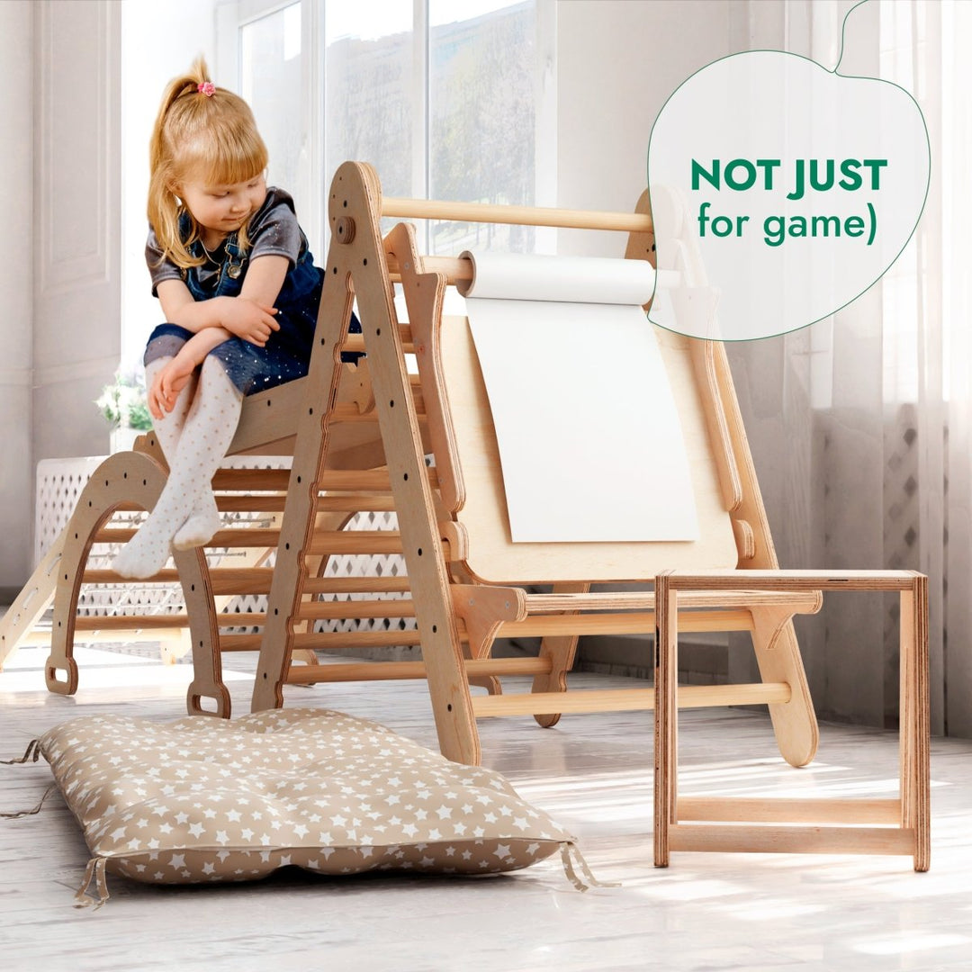 6in1 Montessori Climbing Set: Triangle Ladder + Arch/Rocker + Slide/Ramp + Net + Cushion + Art Addition - Goodevas