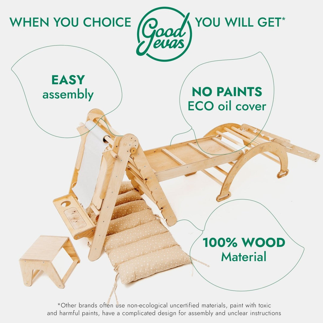 6in1 Montessori Climbing Set: Triangle Ladder + Arch/Rocker + Slide/Ramp + Net + Cushion + Art Addition - Goodevas