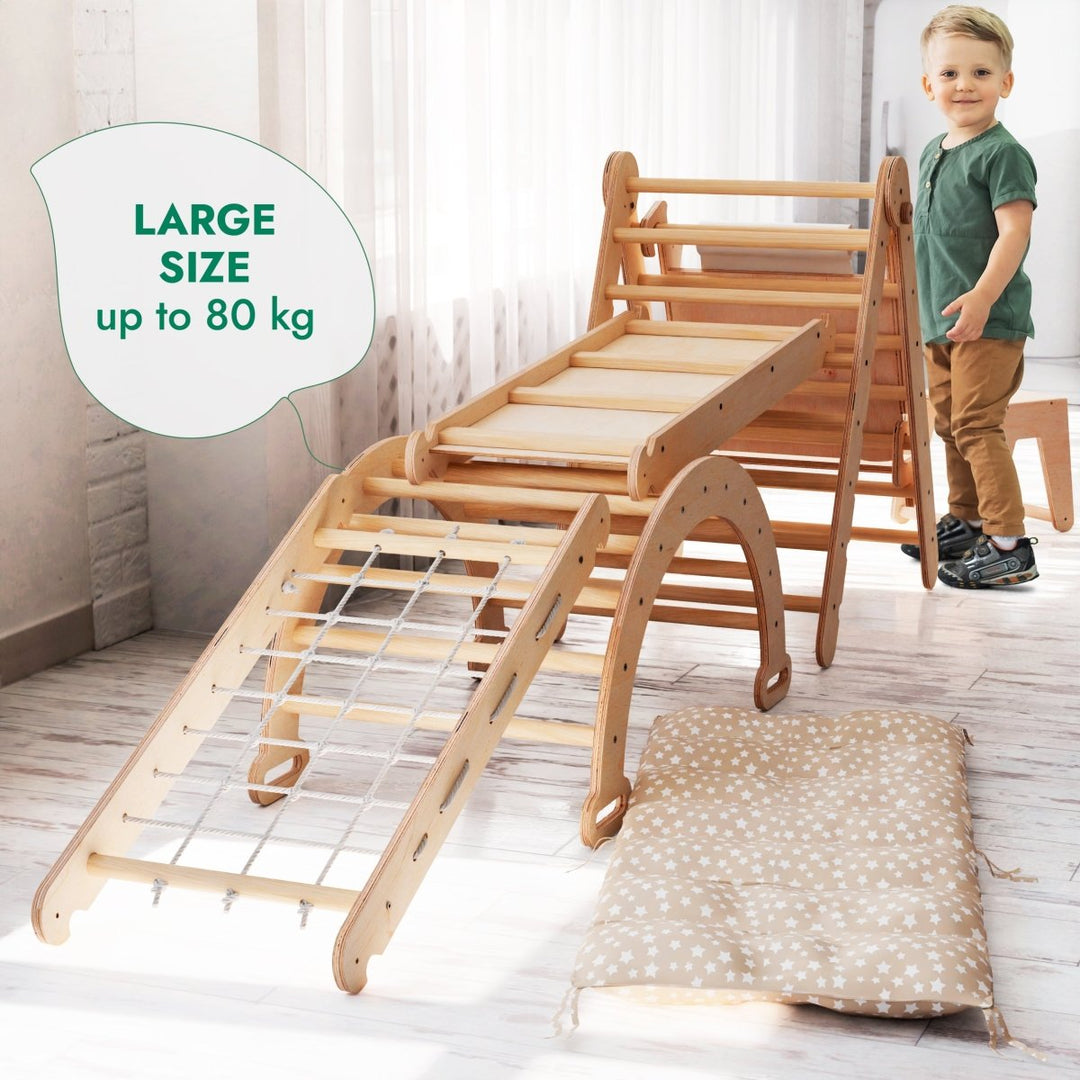 6in1 Montessori Climbing Set: Triangle Ladder + Arch/Rocker + Slide/Ramp + Net + Cushion + Art Addition - Goodevas