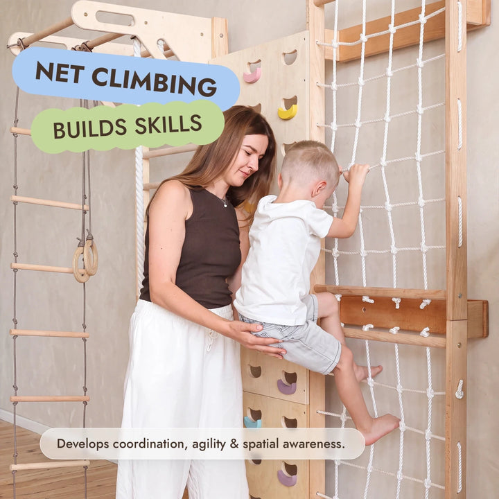 7-in-1 Climbing Wall for Kids: Wall Bars, Rock Wall, Net, Pull-Up Bar, 3-in-1 Swing Set - Goodevas