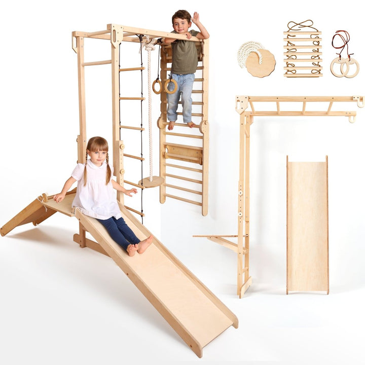 7in1 Jungle Play Set for Kids: Swedish Walls + Monkey Bars + Swing Set + Slide Board + Ramp - Goodevas