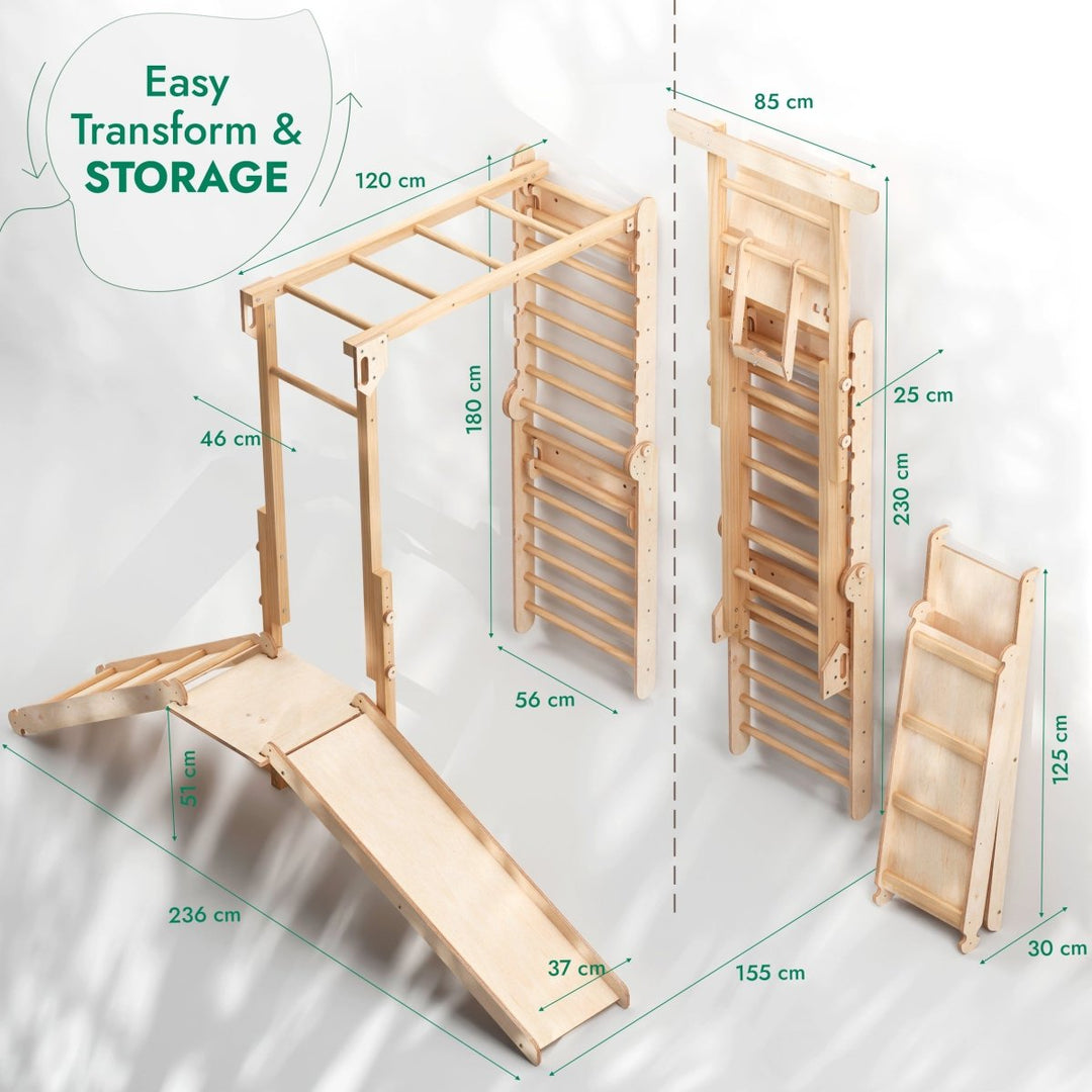 7in1 Jungle Play Set for Kids: Swedish Walls + Monkey Bars + Swing Set + Slide Board + Ramp - Goodevas