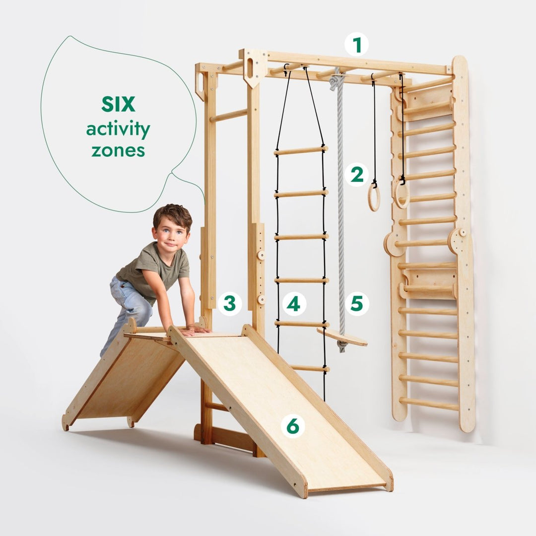 7in1 Jungle Play Set for Kids: Swedish Walls + Monkey Bars + Swing Set + Slide Board + Ramp - Goodevas