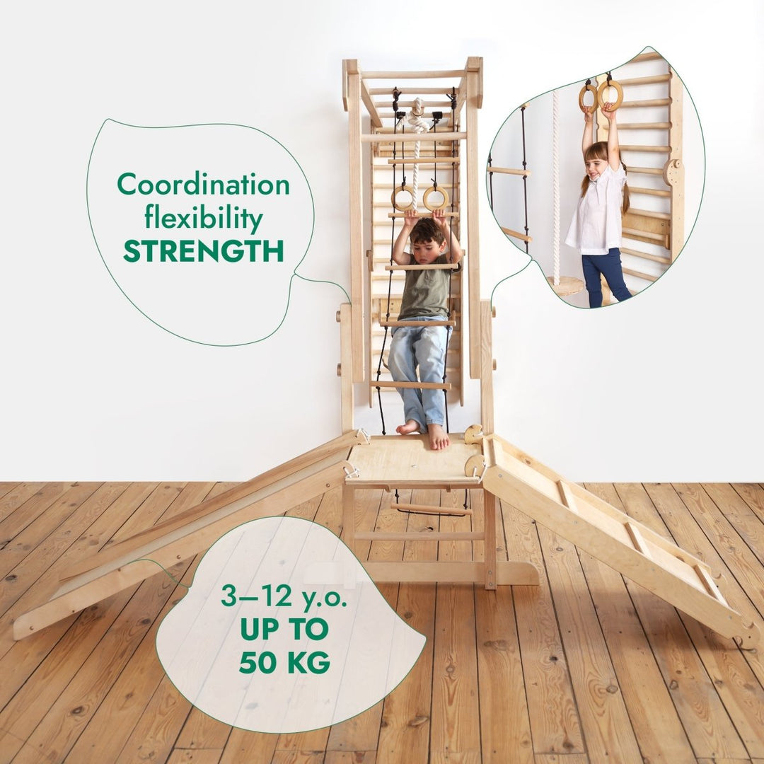 7in1 Jungle Play Set for Kids: Swedish Walls + Monkey Bars + Swing Set + Slide Board + Ramp - Goodevas