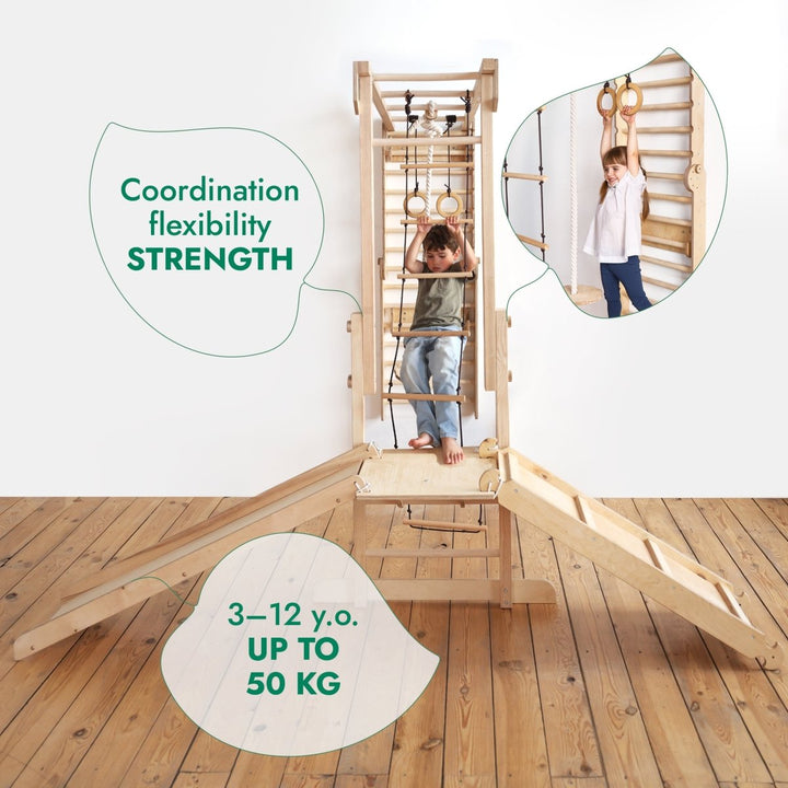 7in1 Jungle Play Set for Kids: Swedish Walls + Monkey Bars + Swing Set + Slide Board + Ramp - Goodevas