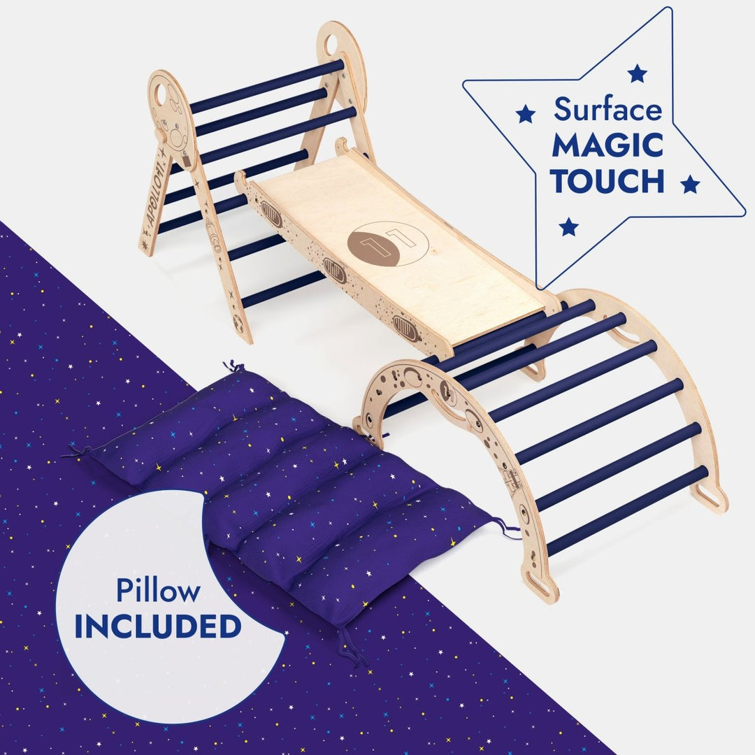Apollo 4in1 Climbing Set: Pikler Triangle, Arch, Slide Board, and Cushion for Little Toddlers Astronauts - Goodevas