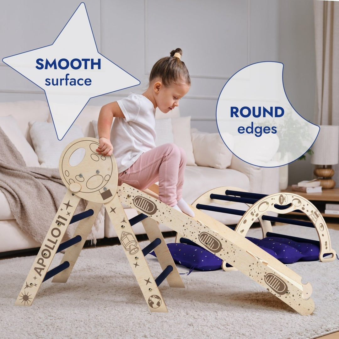 Apollo 4in1 Climbing Set: Pikler Triangle, Arch, Slide Board, and Cushion for Little Toddlers Astronauts - Goodevas